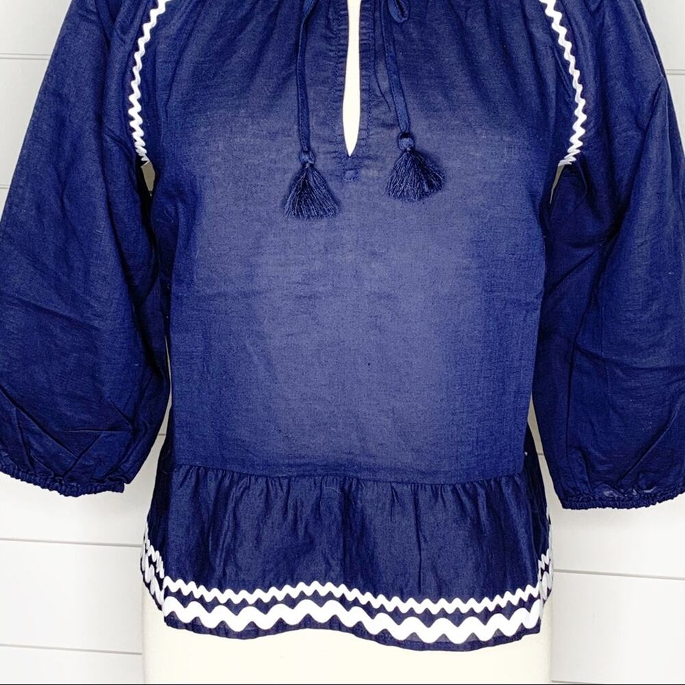 J.Crew Linen Ruffle Rickrack Trim Peasant Top Navy White XS - Picture 4 of 9